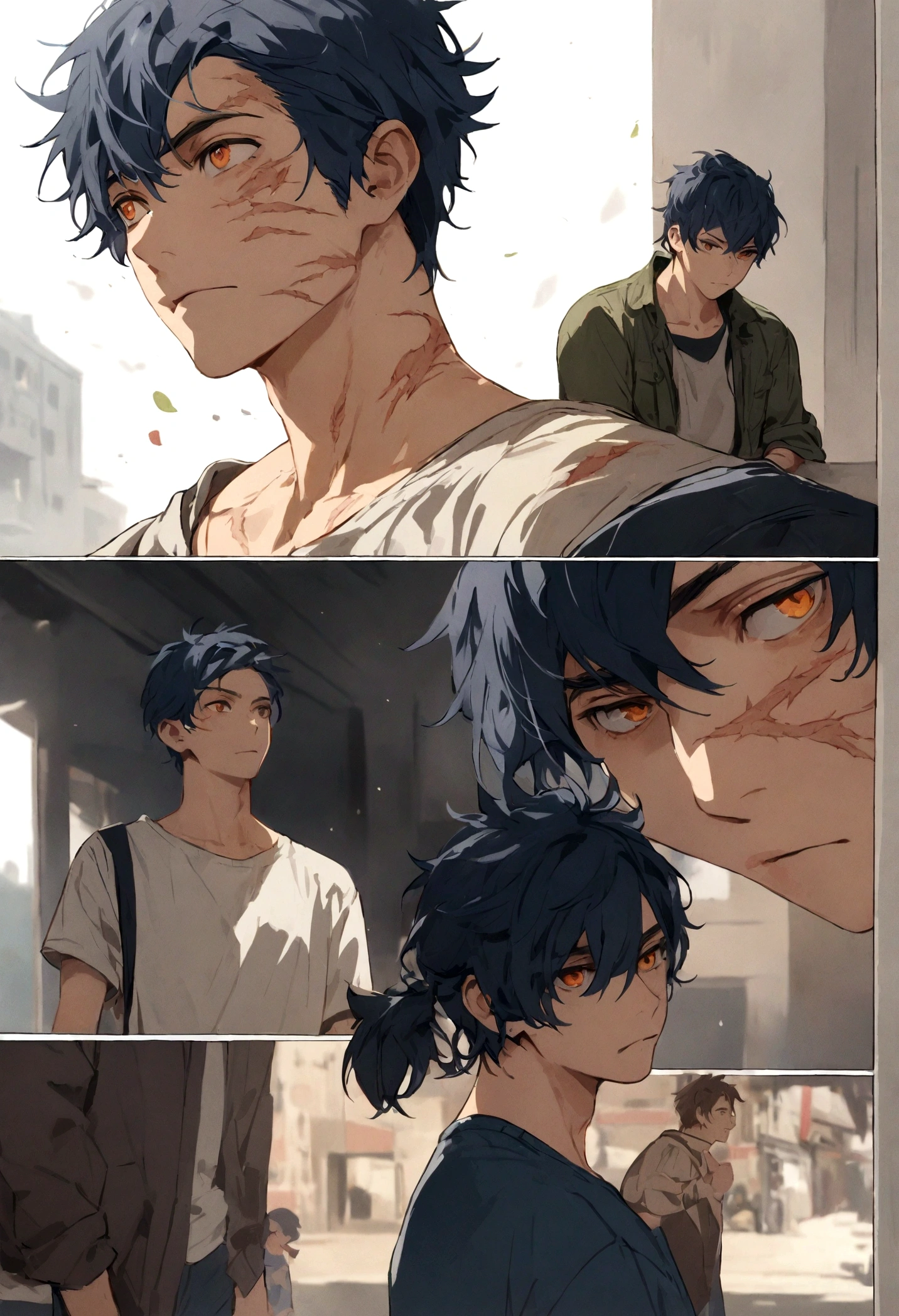 Boy, male, men, Navy blue hair, short messy hair, orange eyes, scars all over his body, uses casual clothes