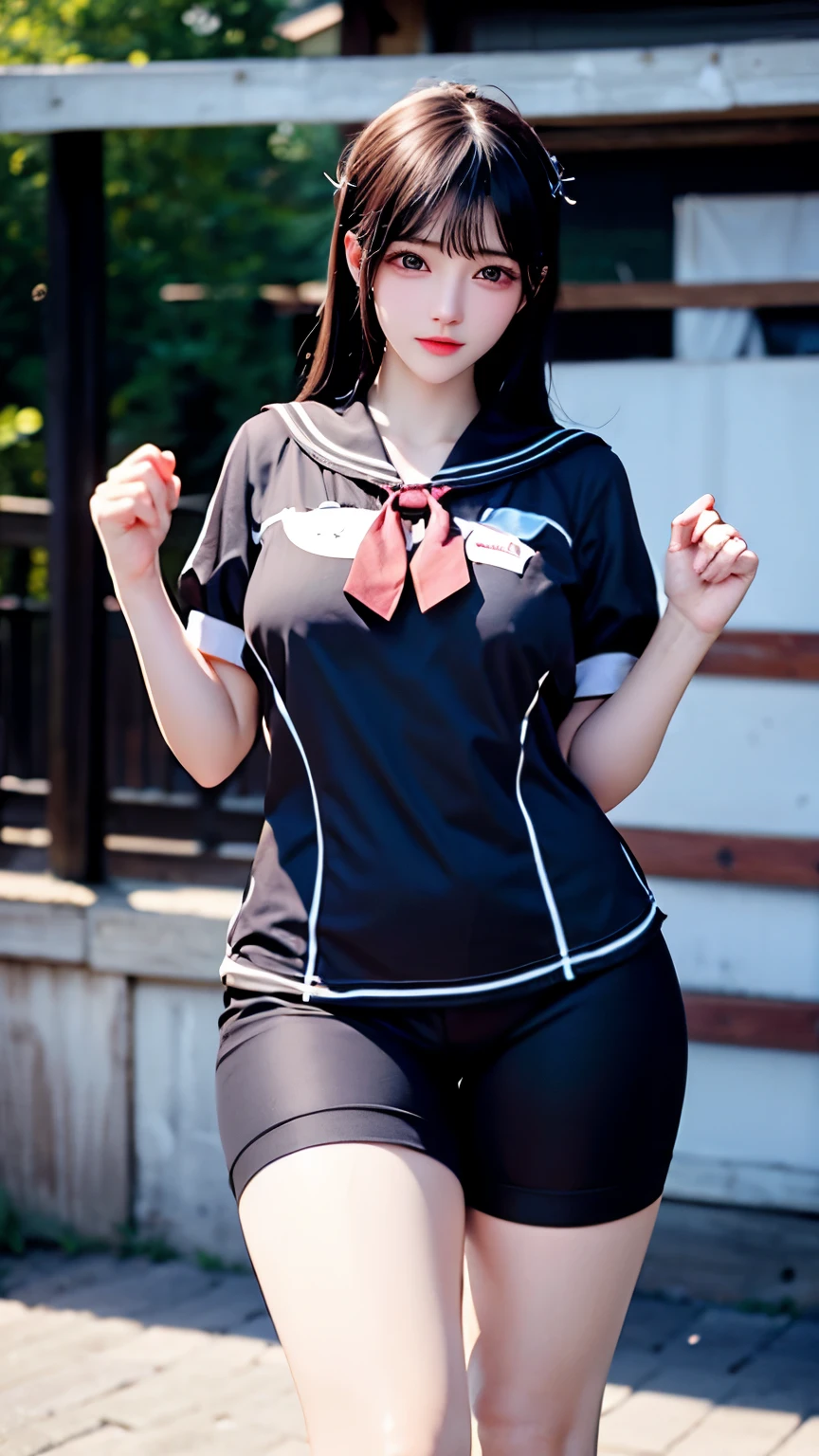 (Very delicate and beautiful:1.2)super model,,Big Breasts,Beautiful breasts,voluptuous,【bike shorts】,,【3girls】,,highest quality, High resolution, 8K,Sailor suit,Kick in a hurry