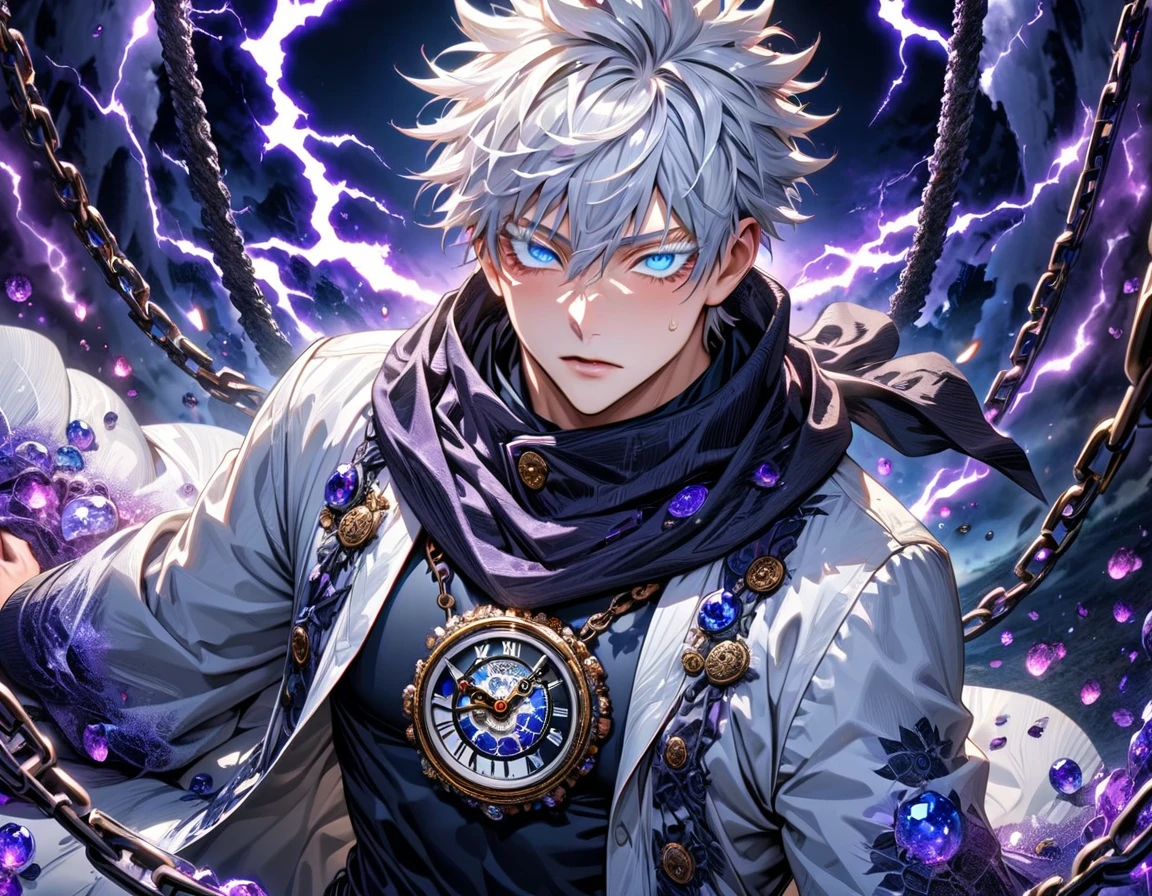 absurdres, highres, ultra detailed, HDR, master piece, best quality, Gojo Satoru, white hair, hair between the eyes, with bangs, expressive blue eyes, white eyelashes, jujutsu kaisen, solo, sexy man, handsome, white haori, black tight T-shirt, black scarf, clock mechanical purple moon, fantasy, chains, purple fireflies, purple lightning, void
