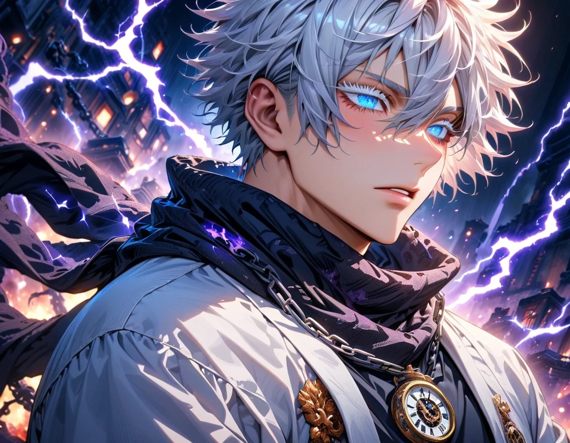 absurdres, highres, ultra detailed, HDR, master piece, best quality, Gojo Satoru, white hair, hair between the eyes, with bangs, expressive blue eyes, white eyelashes, jujutsu kaisen, solo, sexy man, handsome, white haori, black tight T-shirt, black scarf, clock mechanical purple moon, fantasy, chains, purple fireflies, purple lightning, void