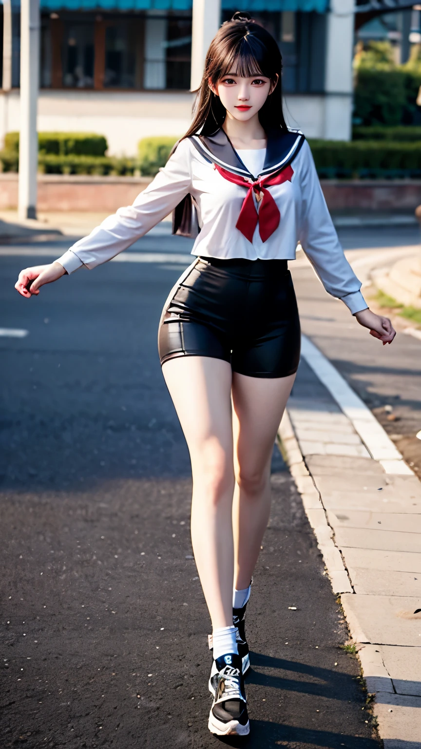 （Very delicate and beautiful：1.2）super model,,Big Breasts,Beautiful breasts,voluptuous,【bike shorts】,,【3girls】,,highest quality, High resolution, 8K,Sailor suit,Kick in a hurry