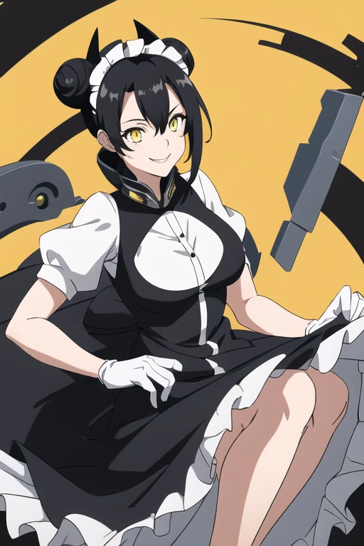 1girl,AgentNormal,double bun,maid,sangvis ferri,yellow eyes, black hair, white gloves, smile, long skirt 