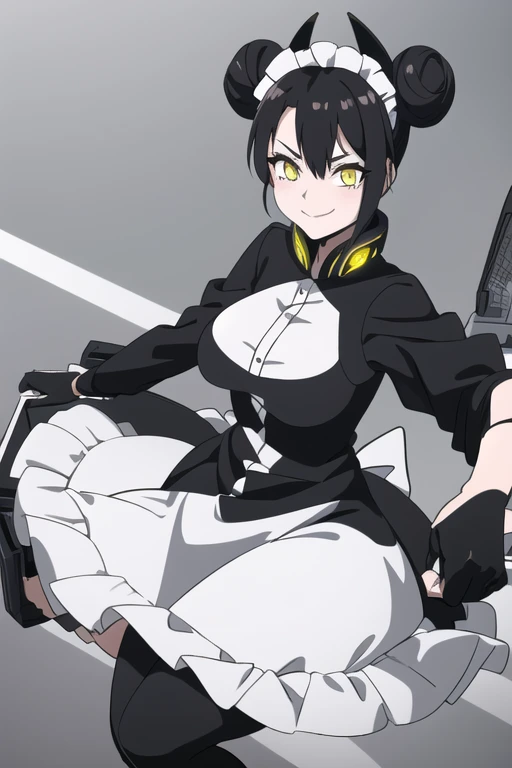 1girl,AgentNormal,double bun,maid,sangvis ferri,yellow eyes, black hair, white gloves, smile, long skirt 