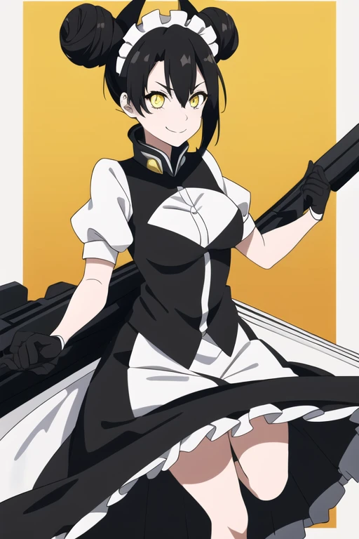 1girl,AgentNormal,double bun,maid,sangvis ferri,yellow eyes, black hair, white gloves, smile, long skirt 