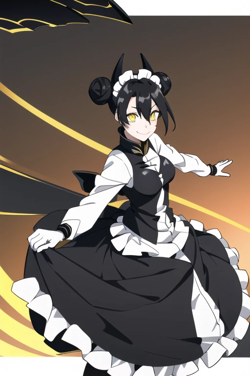 1girl,AgentNormal,double bun,maid,sangvis ferri,yellow eyes, black hair, white gloves, smile, long skirt 