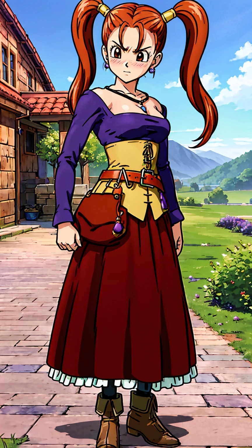 masterpiece,best quality,highres,ultra-detailed,aajessica,brown eyes,long hair,twintails,earrings,necklace,strapless dress,purple shirt,long sleeves,corset,belt,red skirt,long skirt,frills,black pantyhose,boots,blush,(embarrass:1.2),outdoors