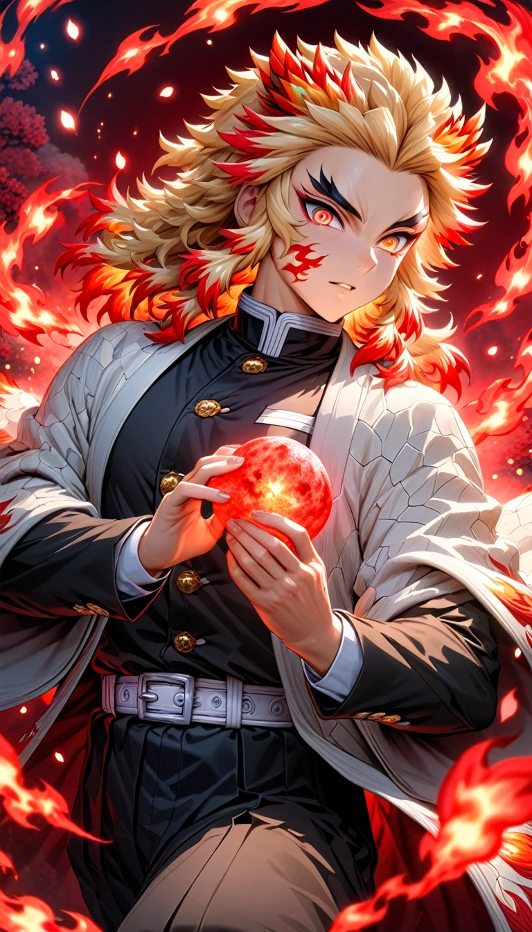 Ultra detailed, highres, absurdres, HDR, master piece, Rengoku Kyojuro, blond hair, expressive golden eyes, white haori with patters of flames, black demon slayer uniform, Kimetsu No Yaiba, fantasy, petals, red flowers, handsome, sexy man, solo, magic, shining red fireflies, best quality, extremely detailed face and eyes, fire, red moon, red lightning