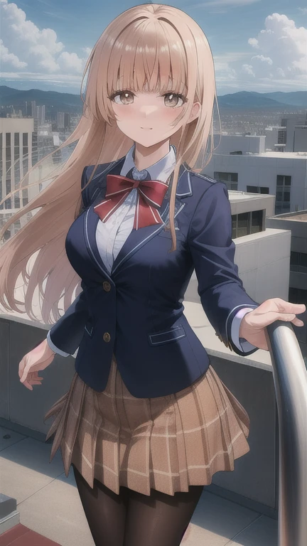 masterpiece, best quality, highres, aamahiru, long hair, red bowtie, blue jacket, blazer, long sleeves, plaid skirt, brown skirt, pantyhose, reaching out, city, rooftop, sky, standing