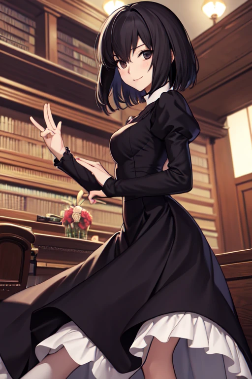 masterpiece, best quality, alicekuonji, library, looking at viewer, smile, long skirt, long black dress, puffy sleeves
