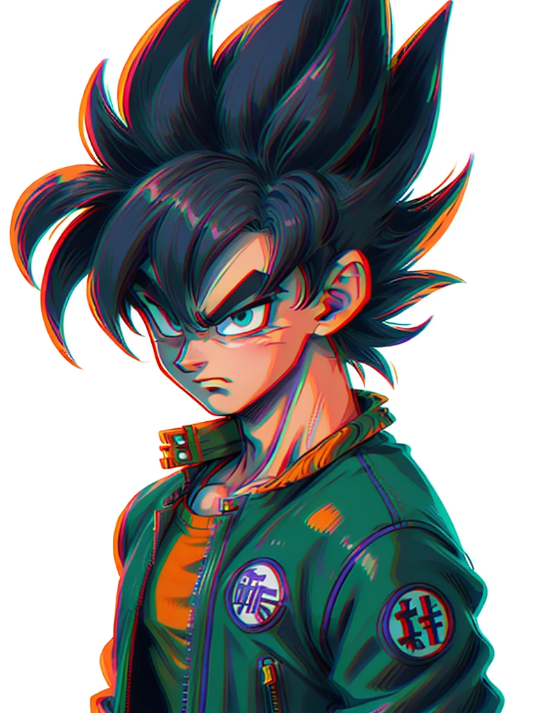 1man, solo, (masterpiece), best quality, ultra-detailed, Son Goku from Dragon Ball Z, super saiyan hair, Retro style, full body. fashion cloth, purple jean jacket, fancy, portrait, upper body, face detail, eyes detail: 1.3, simple background, green eyes, orange shirt, white background.
