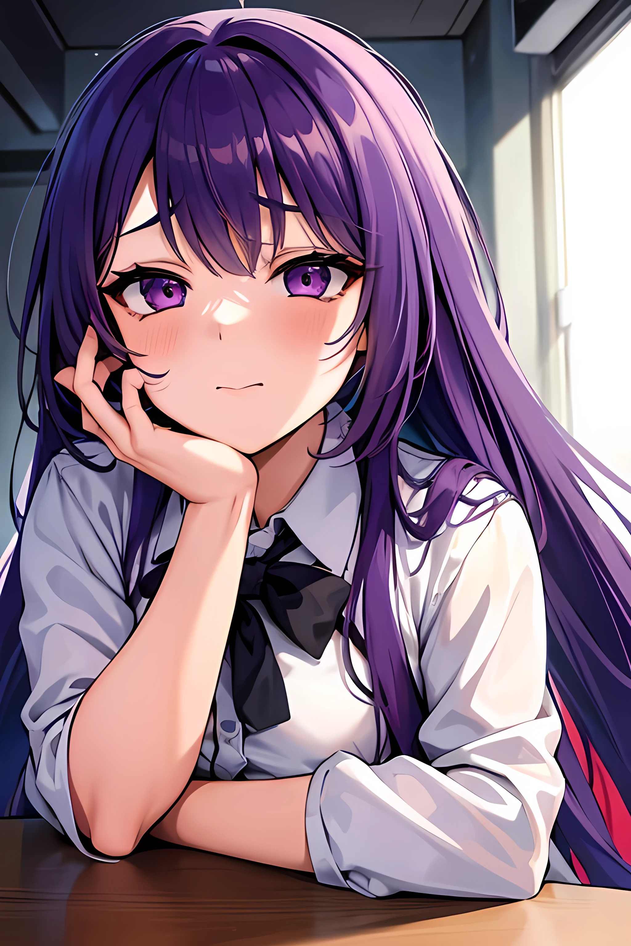 high resolution、Masterpiece、girl, Long Hair、Purple Hair、ahegao, {{orgasm}}, ((Masturbation on the desk)), An illustration、uniform、classroom