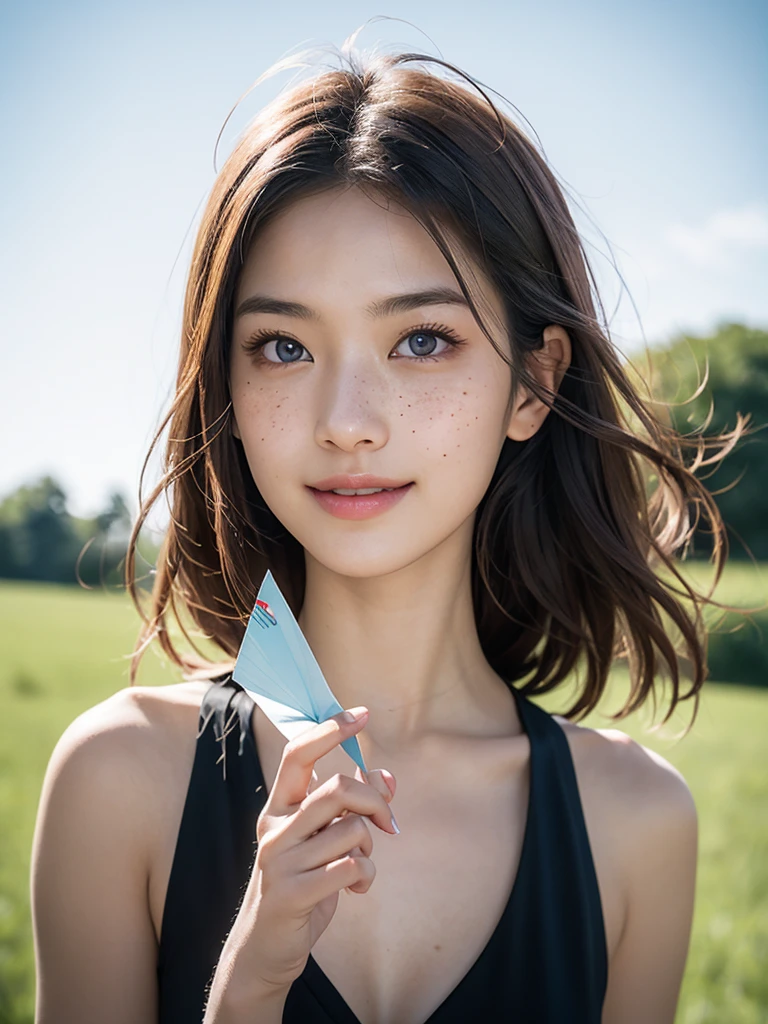 (masterpiece, best quality:1.2), (8k uhd, 16k, 32k, ultra high res), (photorealistic:1.37), (RAW photo), ultimate-realistic, ultimate-realistic details, ultimate-realistic texture, ultimate-intricate details, ultimate-realistic lighting, ultimate-realistic shadow, japanese girl, 1girl, 24yo, ultimate-cute face, ultimate-RAW skin, ultimate-eyes, ((upper body, smile)), Asuka Langley Soryu, a character from Neon Genesis Evangelion, vibrant, fiery red hair, which cascades in lively waves, determined blue eyes that sparkle with an unyielding spirit. Her skin is fair, complementing her bold and expressive features, which carrys confidence and animated expressions. This vivid portrayal captures Asuka's physical beauty and her dynamic personality. Standing in an open field outside the city, she launches a paper airplane into the wind, watching it soar with a mixture of hope and anticipation. The vast sky above and the greenery around her frame a moment of playful innocence, a rare glimpse into her softer side amidst her often fiery exterior, Hasselblad X2D 100C + XCD 2,5/25V, F/1.8, (cinematic still:1.2), freckles, 35mm photograph, film, bokeh, professional, 4k, highly detailed, perfect fingers ,Extremely Realistic, UHD,