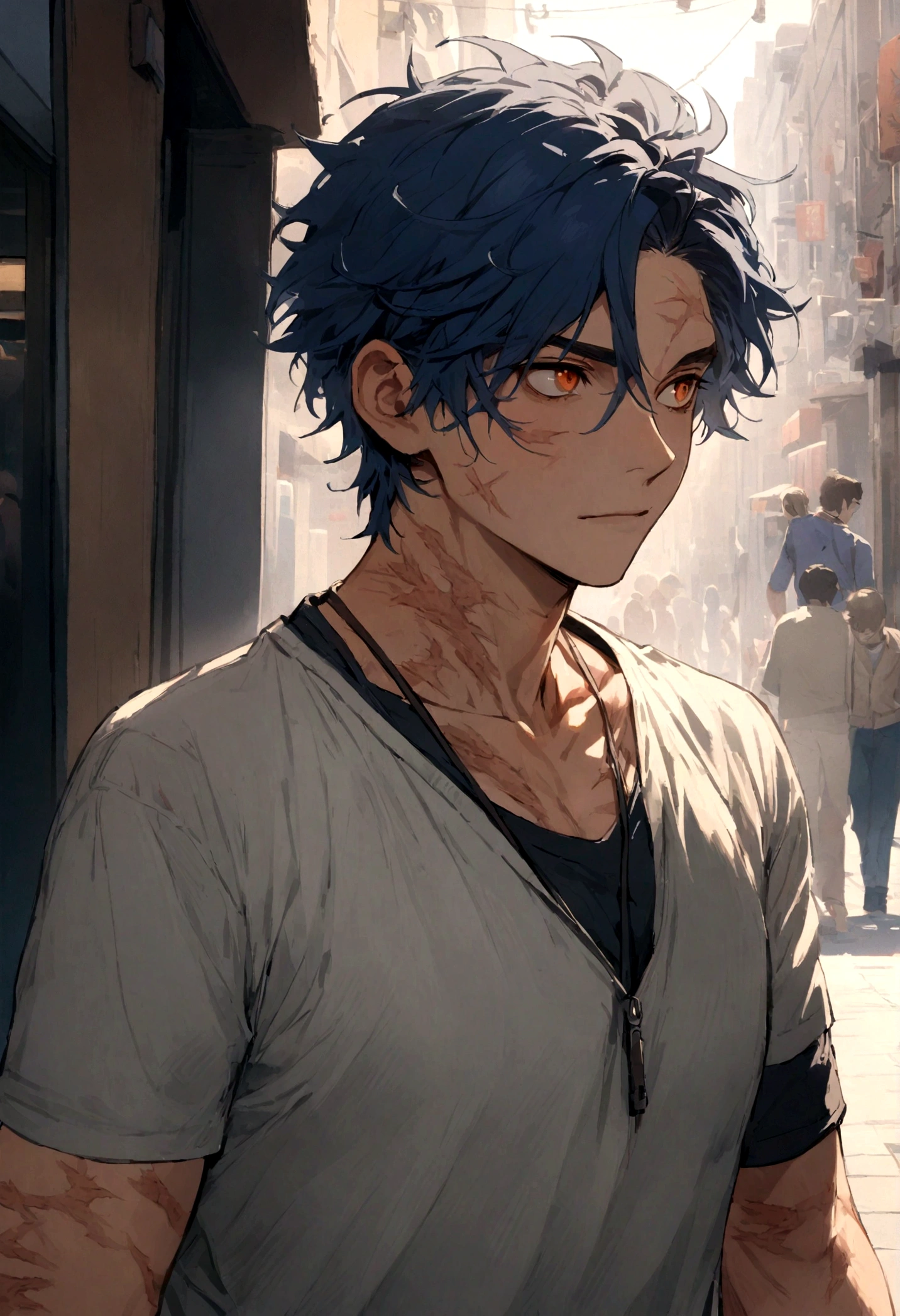 Boy, male, men, Navy blue hair, short messy hair, orange eyes, scars all over his body, uses casual clothes