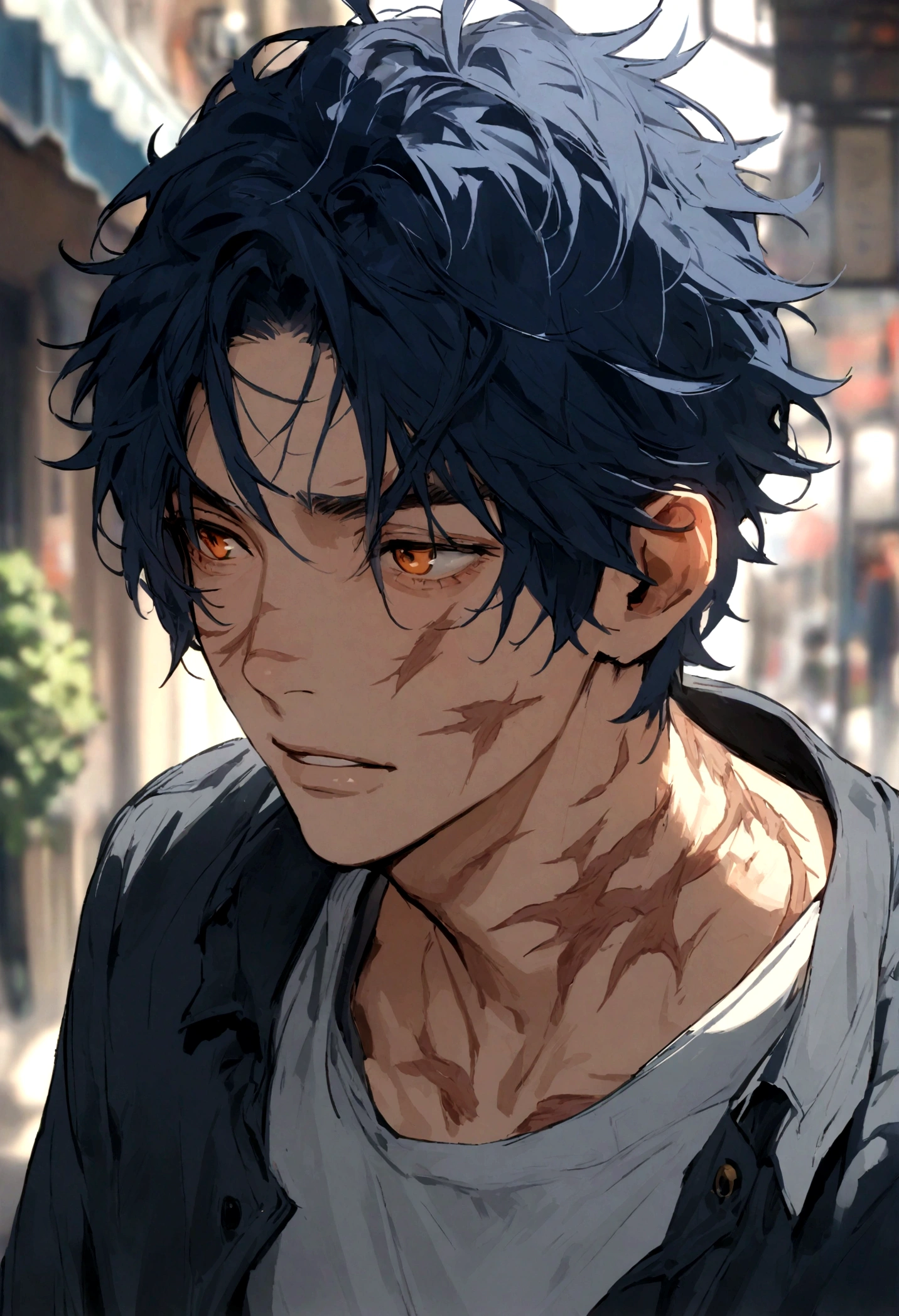 Boy, male, men, Navy blue hair, short messy hair, orange eyes, scars all over his body, uses casual clothes