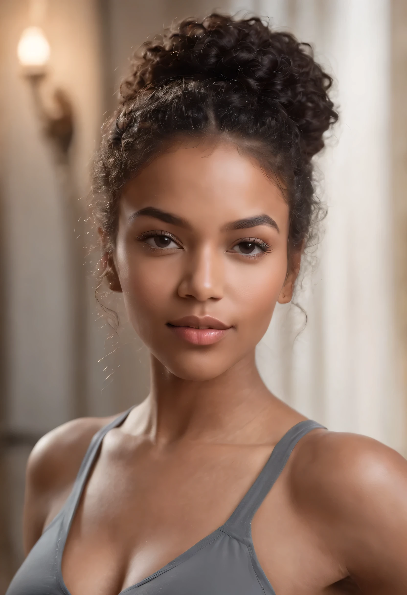 Attractive sexy African American woman 20 years old, black curly hair up'to the size, gros butin, Pantalon de yoga,cul sportif parfait (photo-realistic: 2,5) (chef-d'artwork: 1,5) (Best quality: 1,5) (Color corrected) (Retail Skins: 2,5) (8k)photo entièrement du corps