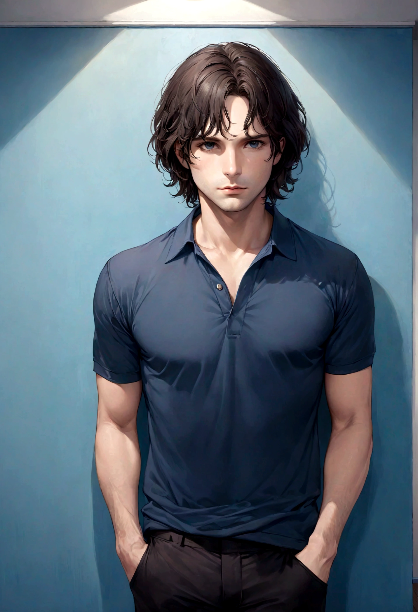 (polo color negra para hombre), ), (con poca barba,) Aspecto atractivo y serio, Dark brown hair, Elegante y con estilo, Camiseta de cuerpo fuerte afeitada, Un hombre similar al actor Jim Morrison, (Imagen realista y de alta calidad), Apartamento escandinavo en el fondo con pintura de pared azul, ((La mejor calidad, 8K, obra maestra).