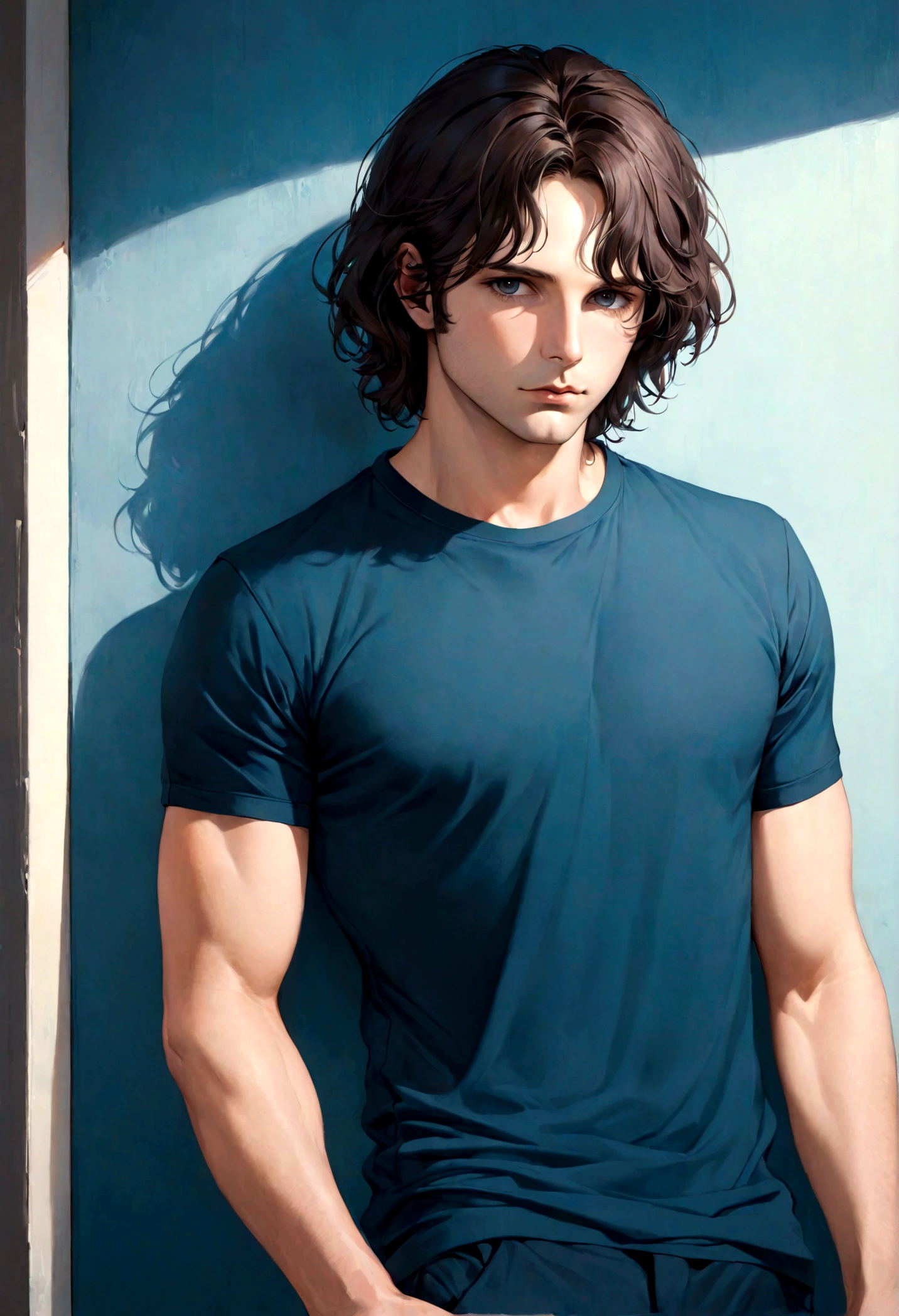(polo color negra para hombre), ), (con poca barba,) Aspecto atractivo y serio, Dark brown hair, Elegante y con estilo, Camiseta de cuerpo fuerte afeitada, Un hombre similar al actor Jim Morrison, (Imagen realista y de alta calidad), Apartamento escandinavo en el fondo con pintura de pared azul, ((La mejor calidad, 8K, obra maestra).