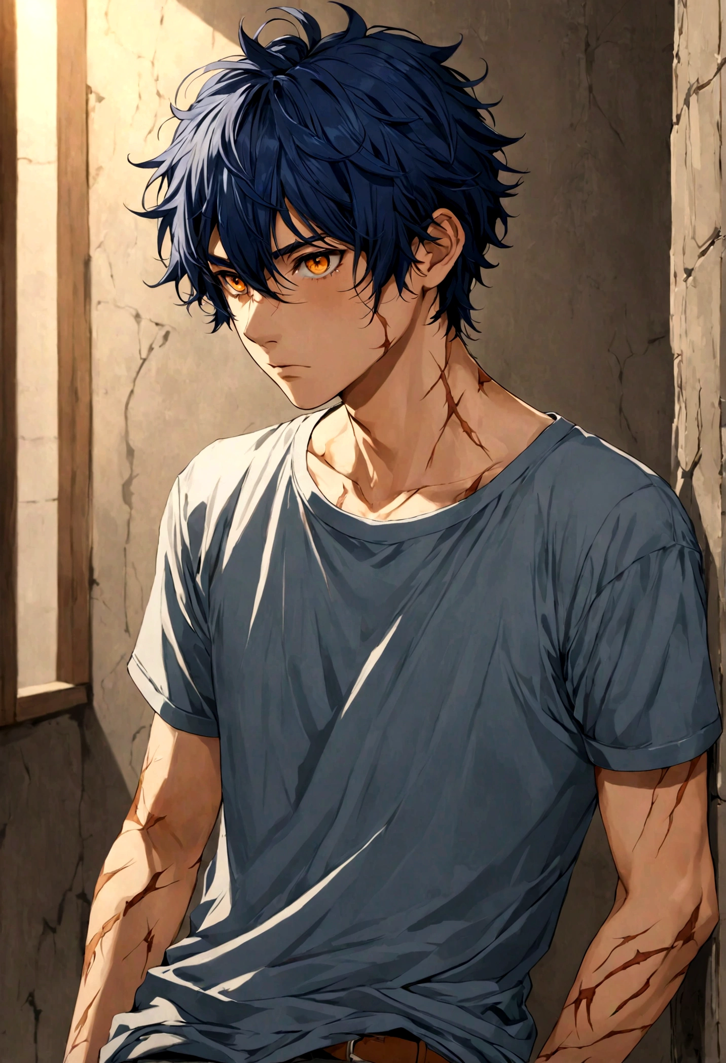 Boy, male, men, Navy blue hair, short messy hair, orange eyes, scars all over his body, uses casual clothes