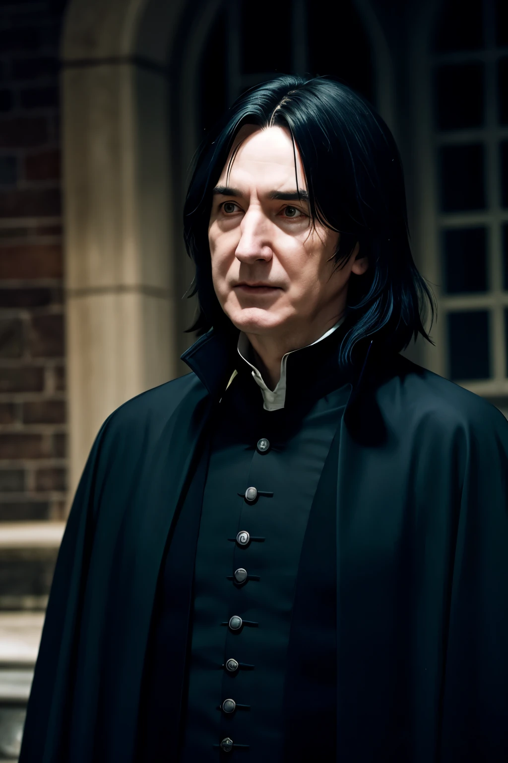 Severus Snape/ old / Shoulder length hair/black / Tall / grimace / scary