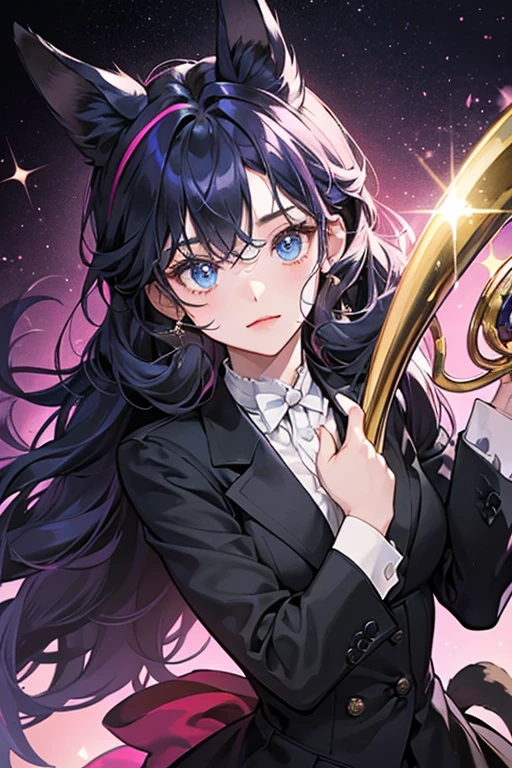 Orchestrotchi has a blue face and black body. HER torso has a tuxedo-like appearance. SHe has 5 thick curls for hair and pink cheeks. The top of hER head has two cat-like ears SHE carries a French Horn SPARKLE; GLITTER