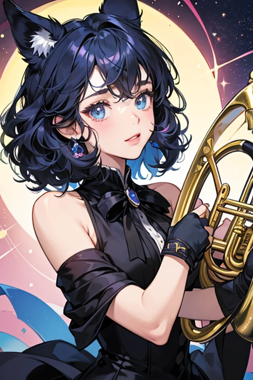 Orchestrotchi has a blue face and black body. HER torso has a tuxedo-like appearance. SHe has 5 thick curls for hair and pink cheeks. The top of hER head has two cat-like ears SHE carries a French Horn SPARKLE; GLITTER