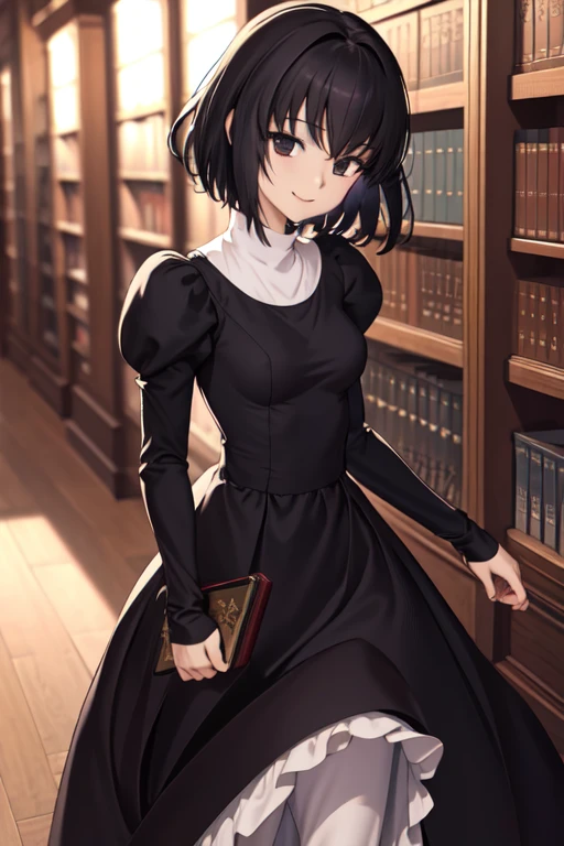 masterpiece, best quality, alicekuonji, library, looking at viewer, smile, long skirt, long black dress, puffy sleeves