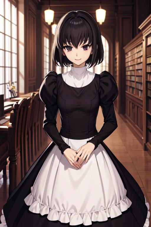 masterpiece, best quality, alicekuonji, library, looking at viewer, smile, long skirt, long black dress, puffy sleeves