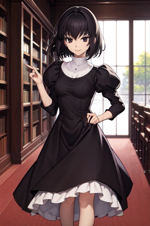 masterpiece, best quality, alicekuonji, library, looking at viewer, smile, long skirt, long black dress, puffy sleeves