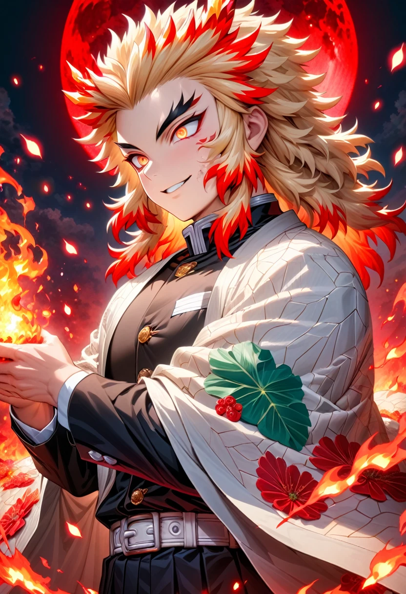 Ultra detailed, highres, absurdres, HDR, master piece, Rengoku Kyojuro, blond hair, expressive golden eyes, white haori with patters of flames, black demon slayer uniform, Kimetsu No Yaiba, fantasy, petals, red flowers, handsome, sexy man, solo, magic, shining red fireflies, best quality, extremely detailed face and eyes, fire, red moon, red lightning, smiling
