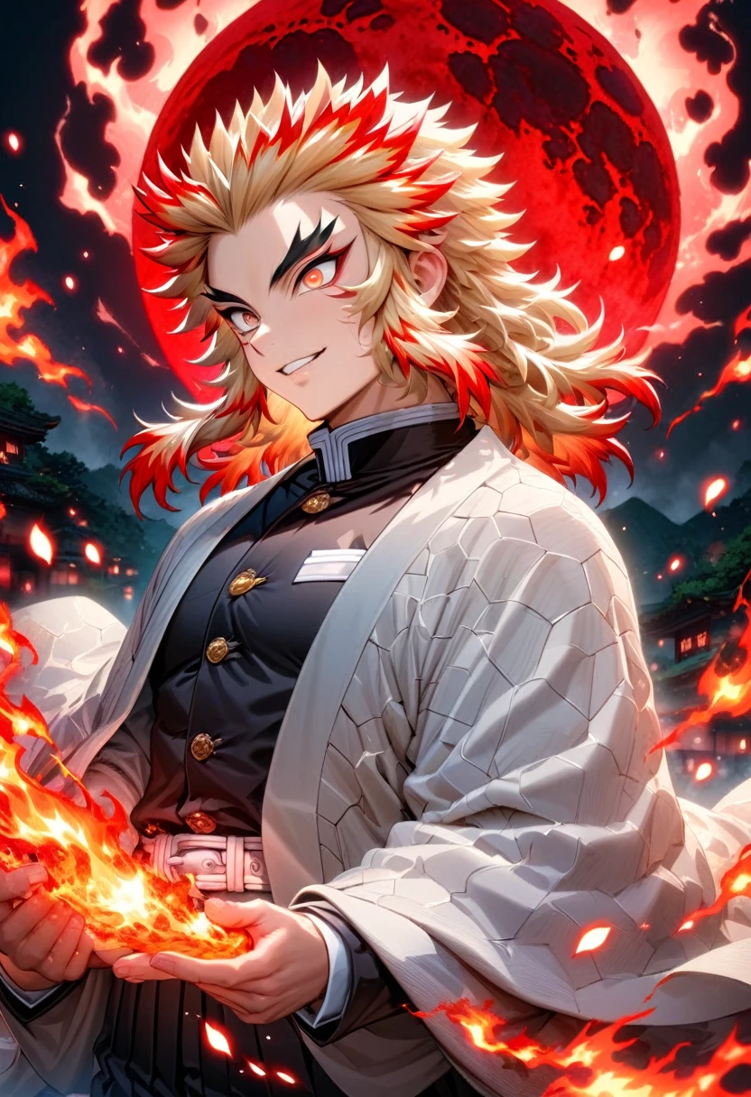 Ultra detailed, highres, absurdres, HDR, master piece, Rengoku Kyojuro, blond hair, expressive golden eyes, white haori with patters of flames, black demon slayer uniform, Kimetsu No Yaiba, fantasy, petals, red flowers, handsome, sexy man, solo, magic, shining red fireflies, best quality, extremely detailed face and eyes, fire, red moon, red lightning, smiling