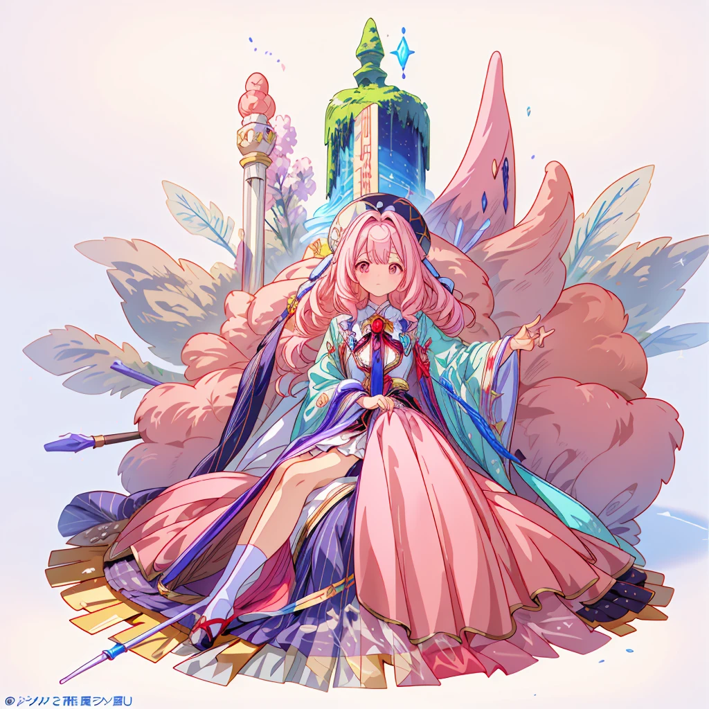 One girl、(masterpiece, highest quality、Official Art、The best configuration、Award-winning works), (Thin Hair), Very detailed, Anime Style, alone, full length, Concept Art,Magical girl　Big hat　Cape, A magic wand with a very detailed design,  Super huge, Tall and stylish, Very large.、White Background, full lengthに立って, Floating in the sky,fsgzisksk