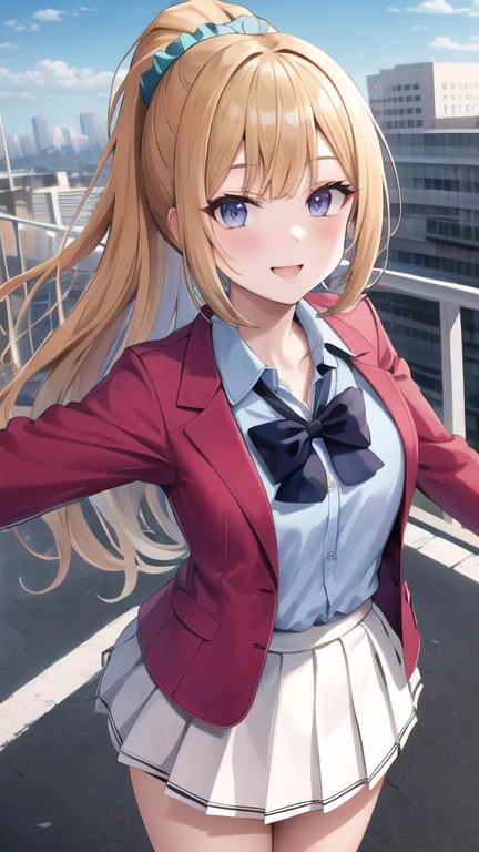 masterpiece, best quality, highres, bbkei, long hair, blonde hair, ponytail, hair scrunchie, collarbone, blue bowtie, collared shirt, blue shirt, red jacket, blazer, open jacket, long sleeves, pleated skirt, white skirt, rooftop, outstretched arms, standing, smile, city