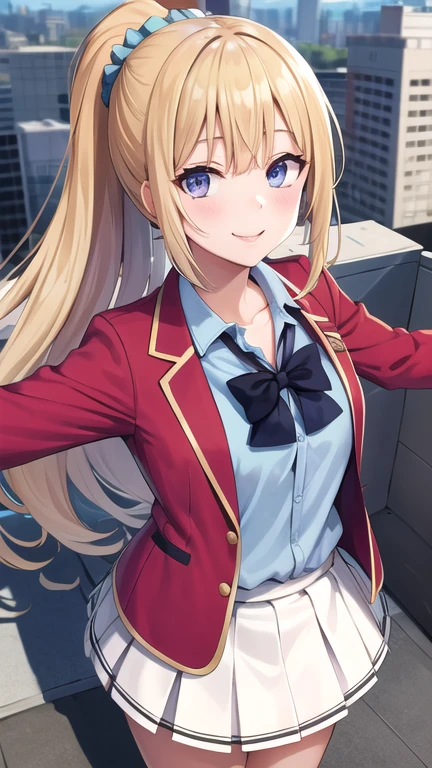masterpiece, best quality, highres, bbkei, long hair, blonde hair, ponytail, hair scrunchie, collarbone, blue bowtie, collared shirt, blue shirt, red jacket, blazer, open jacket, long sleeves, pleated skirt, white skirt, rooftop, outstretched arms, standing, smile, city