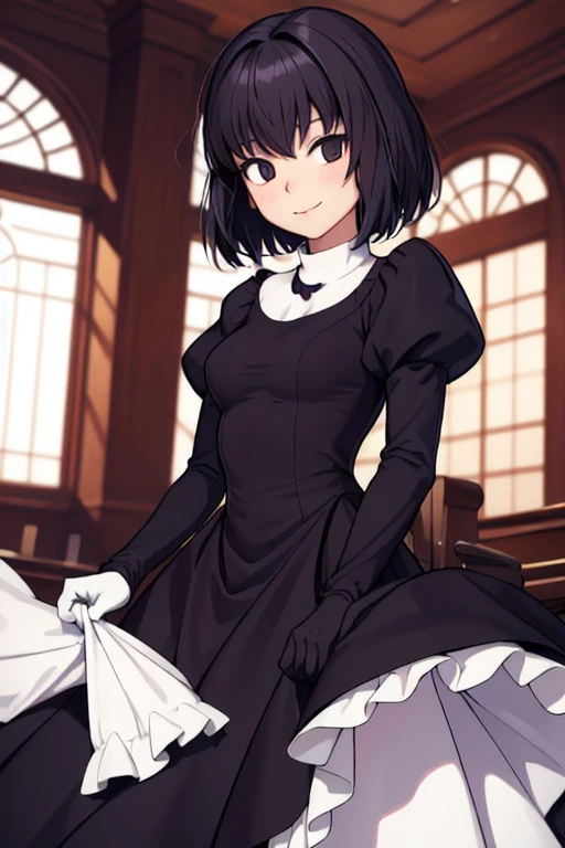 masterpiece, best quality, alicekuonji, library, looking at viewer, smile, long skirt, long black dress, white gloves, puffy sleeves