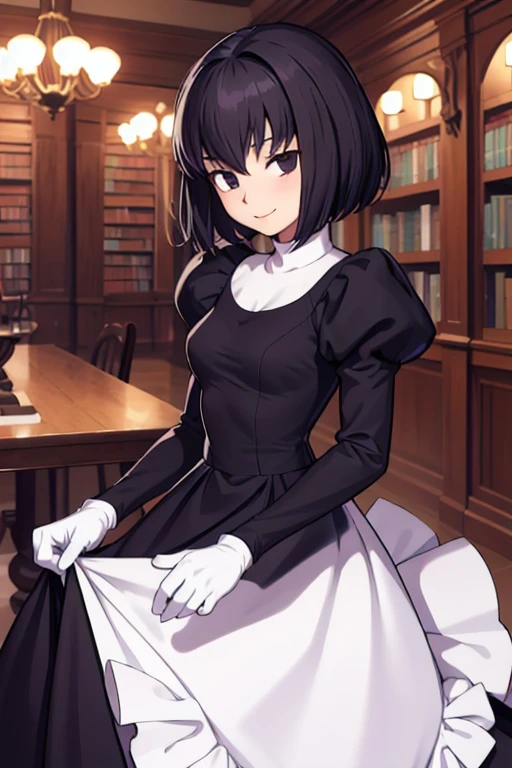 masterpiece, best quality, alicekuonji, library, looking at viewer, smile, long skirt, long black dress, white gloves, puffy sleeves