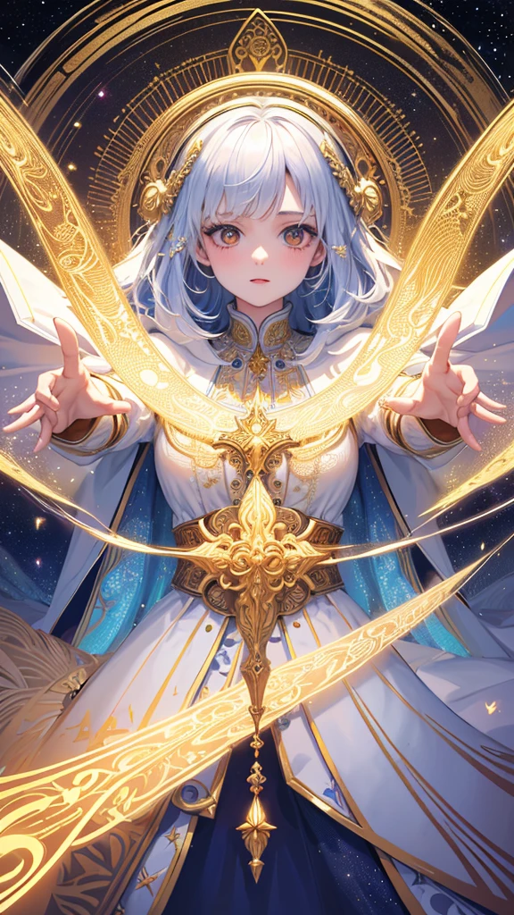 (masterpiece, highest quality, highest quality, Official Art, beautifully、aesthetic:1.2), (One girl), Very detailed, (Fractal Art:1.3), colorful, Most detailed, Perfect Face, Upper Body, High resolution, (pray:1.3), (White cloak, golden lines:1.2), Milky Way, (Streaks of Light), Impressive visuals, (Dynamic stripes, Light trail:1.2), Vibrant colors,