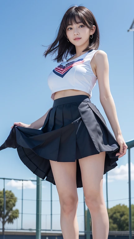 ((from below:1.5)),((cheerleader:1.4)),((Cheerleader)),Back view、look back、Low - Angle、((The skirt is blown up high by the wind:1.6)),((Cheerleader)),(huge breasts:1.5),((abnormally short skirt:1.8)),((under breast:1.8)),((sweat:1.3)),((Underwear is visible:1.6))((unusually short clothing:1.8)),,8K、Detailed Description、Very high definition、Realistic、reality的、Real、live-action、reality、High resolution、Nogizaka46、japanese idol,beautiful girl、 years old、smile、Dark brown eyes、sunny、blue sky、Are standing、Backwards、turn around、smile,closed mouth,full body,Very black hair、Short shortcuts、pretty girl、Beauty、Glowing Skin、Glowing Skin、Shiny Hair、Very white skin、Heavy makeup、Large Breasts、Slit eyes、Big Eyes、Dark brown eyes、Double eyelids、Don't show your teeth、Wet Skin、