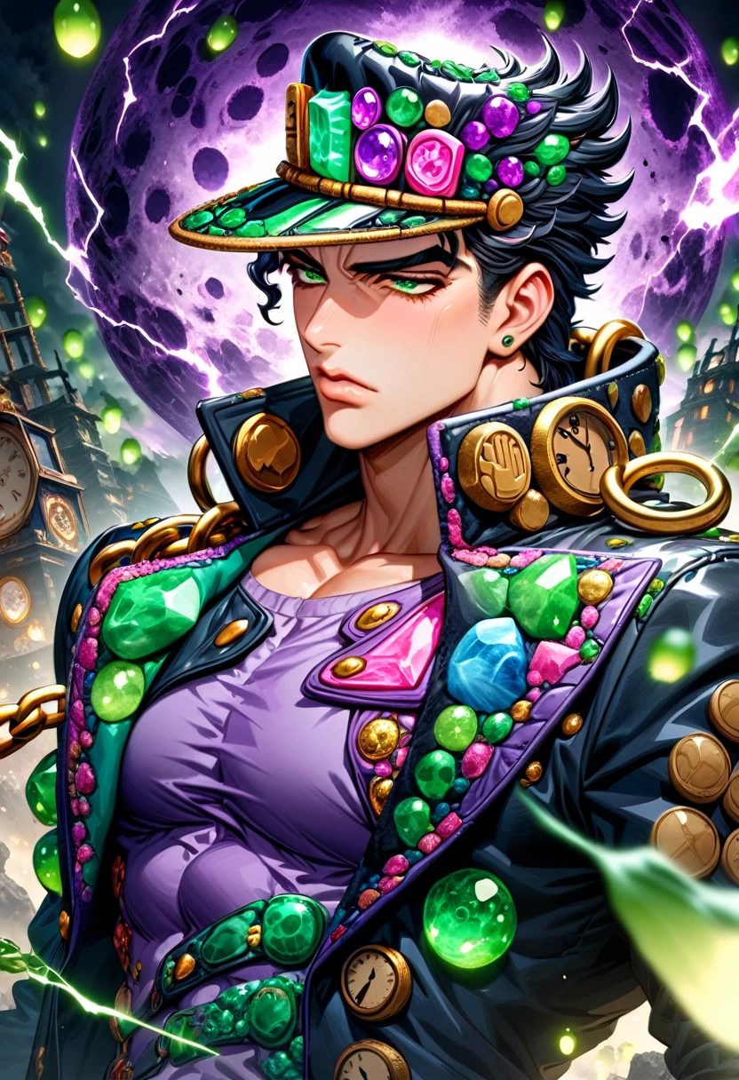 absurdres, highres, ultra detailed, HDR, master piece, best quality, Jotaro Kujo, black hair, expressive green eyes, Jojo bizarre adventure, solo, sexy man, handsome, black hat, black leather coat, purple shirt, clock mechanical green moon, fantasy, chains, green fireflies, green lightning, void