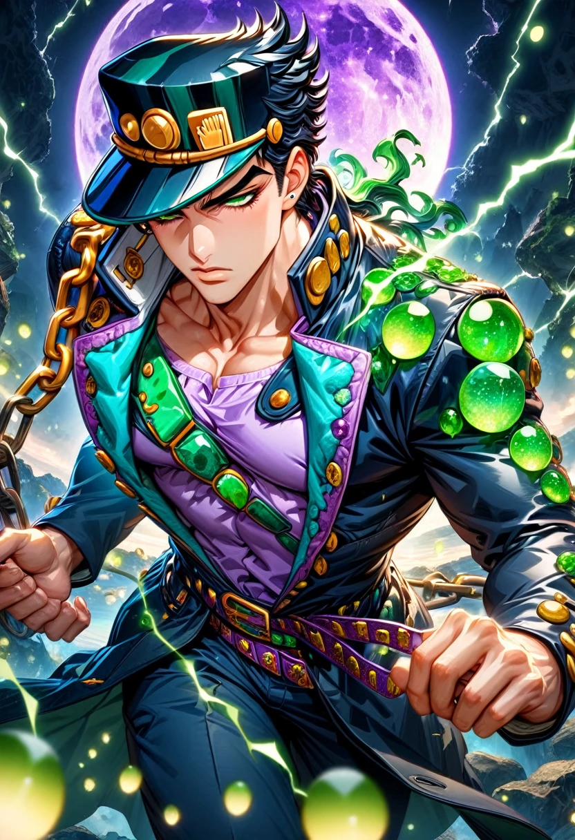 absurdres, highres, ultra detailed, HDR, master piece, best quality, Jotaro Kujo, black hair, expressive green eyes, Jojo bizarre adventure, solo, sexy man, handsome, black hat, black leather coat, purple shirt, clock mechanical green moon, fantasy, chains, green fireflies, green lightning, void