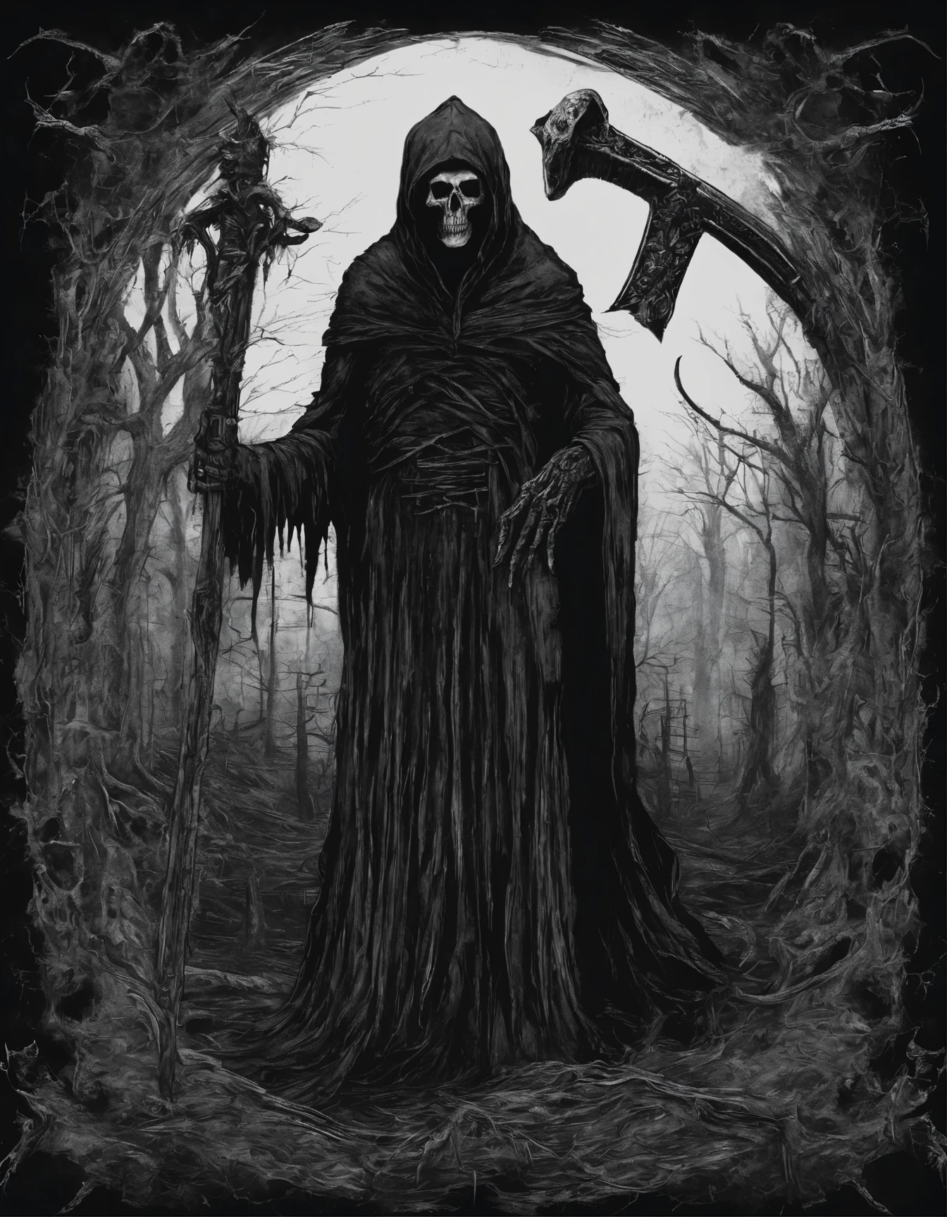 drawing of a grim reaper character holding a scythe, scythe design, mark riddick, just art for dark metal music, black metal band logo, grim reaper, scythe, detailed cover artwork, reaper, death metal logos, grim, the grim reaper, vvitch, eerie and grim art style, the harbringer of death, death glowing portal on back, hell and heaven, lord of death, brutal art, darkness, third eyes