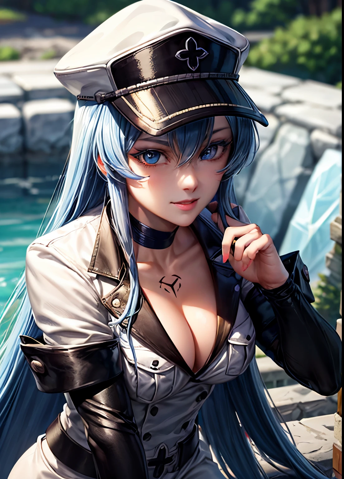 ((best quality)), ((highly detailed)), masterpiece, absurdres, detailed face, beautiful face, (detailed eyes, deep eyes), dynamic pose, upper body, esdeath, akame ga kill!, blue eyes, blue hair, ((very long hair)), chest tattoo, smiling, military uniform, military, uniform, white dress, black sleeves, choker, cleavage, collarbone, belt, hat, peaked cap, thigh boots, (white footwear), (((ice))), (on a stone bridge, afternoon)