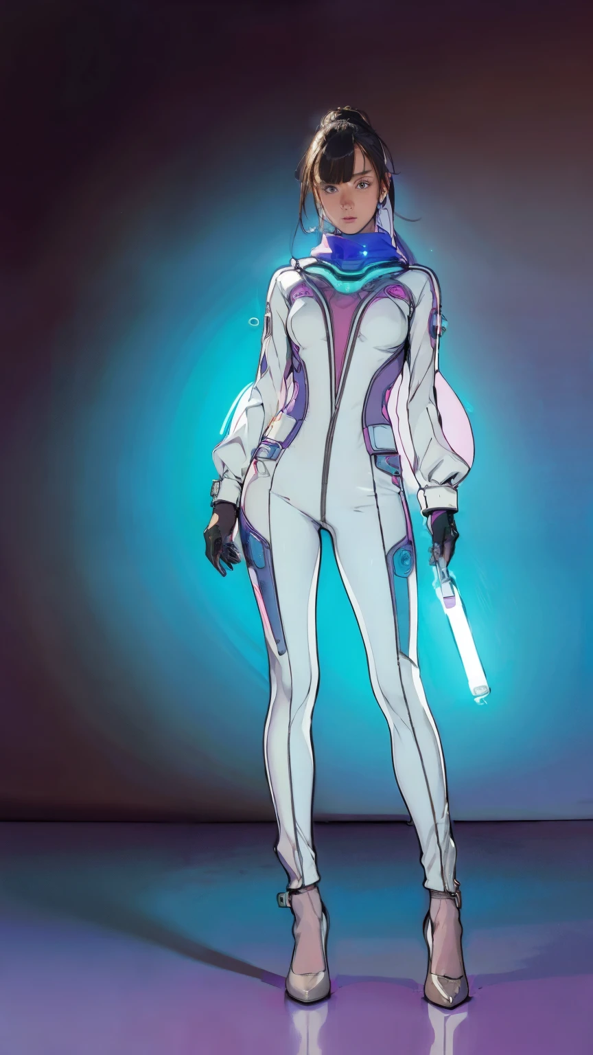 (ultra detailed, ultra high res, detailed background),((flat color)),((muted color)),((floating neon)), 1girl, solo, looking at viewer, spray paint, graffiti, girl in a fencing suit, long plush scarf, full body image, adult woman, anatomically perfect face, symmetrical face, full body image, (futuristic clothes: 1.4)