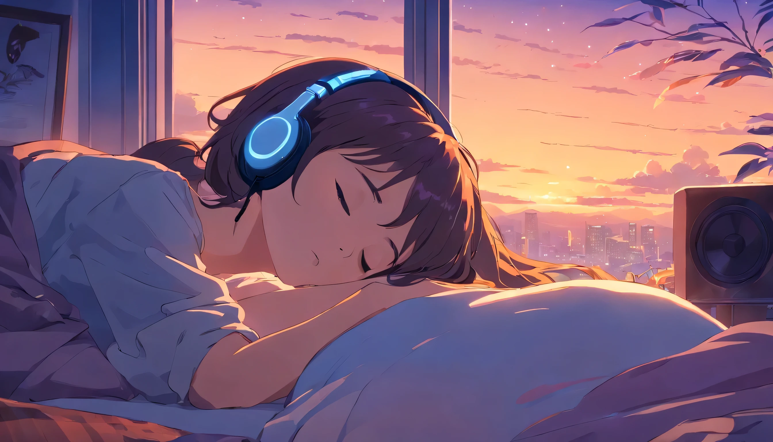 Girl sleeping and listening to music with headphones near the window in bed、noche、muchas estrellas en el cielo