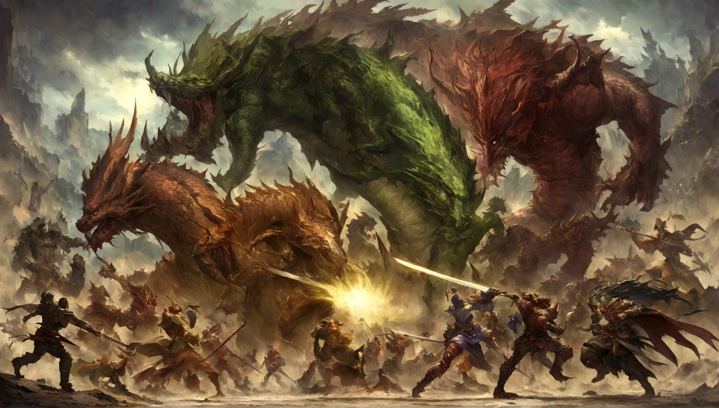 There is a big dragon,huge head,The body is huge, Horrible dragon,combats, dead body, blood vess, Sateen, samurais, Guy, long sword, sword clash, jogging, arrow shot, beam of light, ogre, Three people, struggle, violent art style, epic fantasy card game art, Highly detailed fantasy art, Detailed digital 2D fantasy art, Epic Fantasy Artwork, detailed fantasy art, epic fantasy card game art, undercity&dragon fantasy art, Surreal D & D fantasy art, Symmetrically spectacular fantasy art, Robot dragon portrait