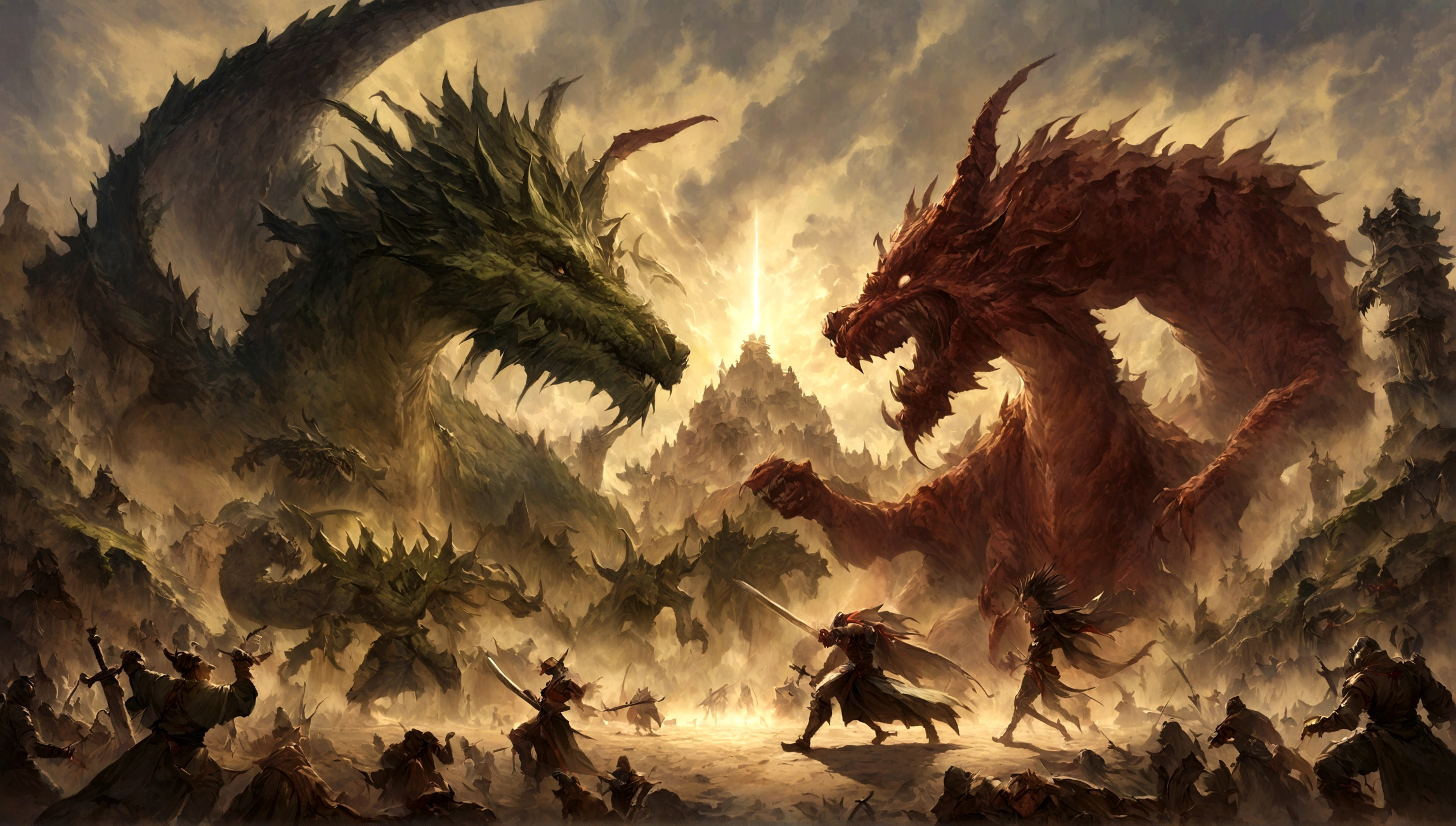 There is a big dragon,huge head,The body is huge, Horrible dragon,combats, dead body, blood vess, Sateen, samurais, Guy, long sword, sword clash, jogging, arrow shot, beam of light, ogre, Three people, struggle, violent art style, epic fantasy card game art, Highly detailed fantasy art, Detailed digital 2D fantasy art, Epic Fantasy Artwork, detailed fantasy art, epic fantasy card game art, undercity&dragon fantasy art, Surreal D & D fantasy art, Symmetrically spectacular fantasy art, Robot dragon portrait