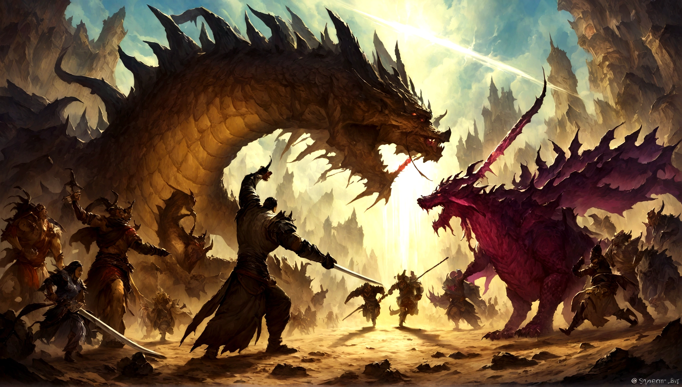 There is a big dragon,huge head,The body is huge, Horrible dragon,combats, dead body, blood vess, Sateen, samurais, Guy, long sword, sword clash, jogging, arrow shot, beam of light, ogre, Three people, struggle, violent art style, epic fantasy card game art, Highly detailed fantasy art, Detailed digital 2D fantasy art, Epic Fantasy Artwork, detailed fantasy art, epic fantasy card game art, undercity&dragon fantasy art, Surreal D & D fantasy art, Symmetrically spectacular fantasy art, Robot dragon portrait