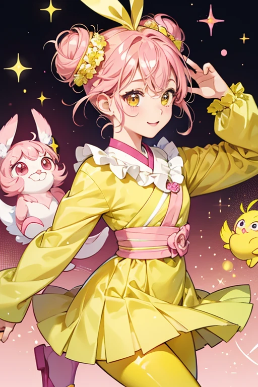 Osewatchi has a yellow body with yellow arms, green legs, a pink beak, pink cheeks, and dark round eyes. She has curly pink hair with three buns; two on each side of her head and one on top. SPARKLE; GLITTER