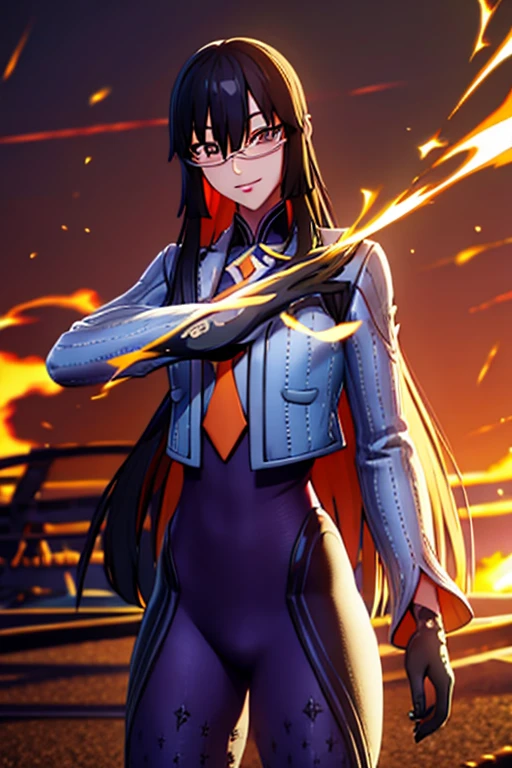 daraku, long hair, glasses, gloves, pants, smile, 
looking at viewer, outdoors, (masterpiece:1.2), best quality, high resolution, unity 8k wallpaper, (illustration:0.8), (beautiful detailed eyes:1.6), extremely detailed face, perfect lighting, extremely detailed CG, (perfect hands, perfect anatomy)