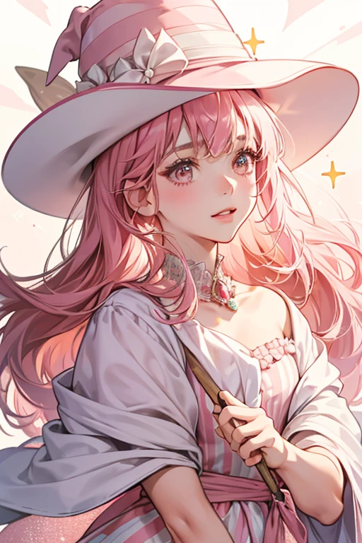 SHE has a pink body and a peach-colored face with rosy cheeks and a catlike mouth. She wears a large hat with white and pink stripes, and three hairs stick out of the front. SPARKLE; GLITTER