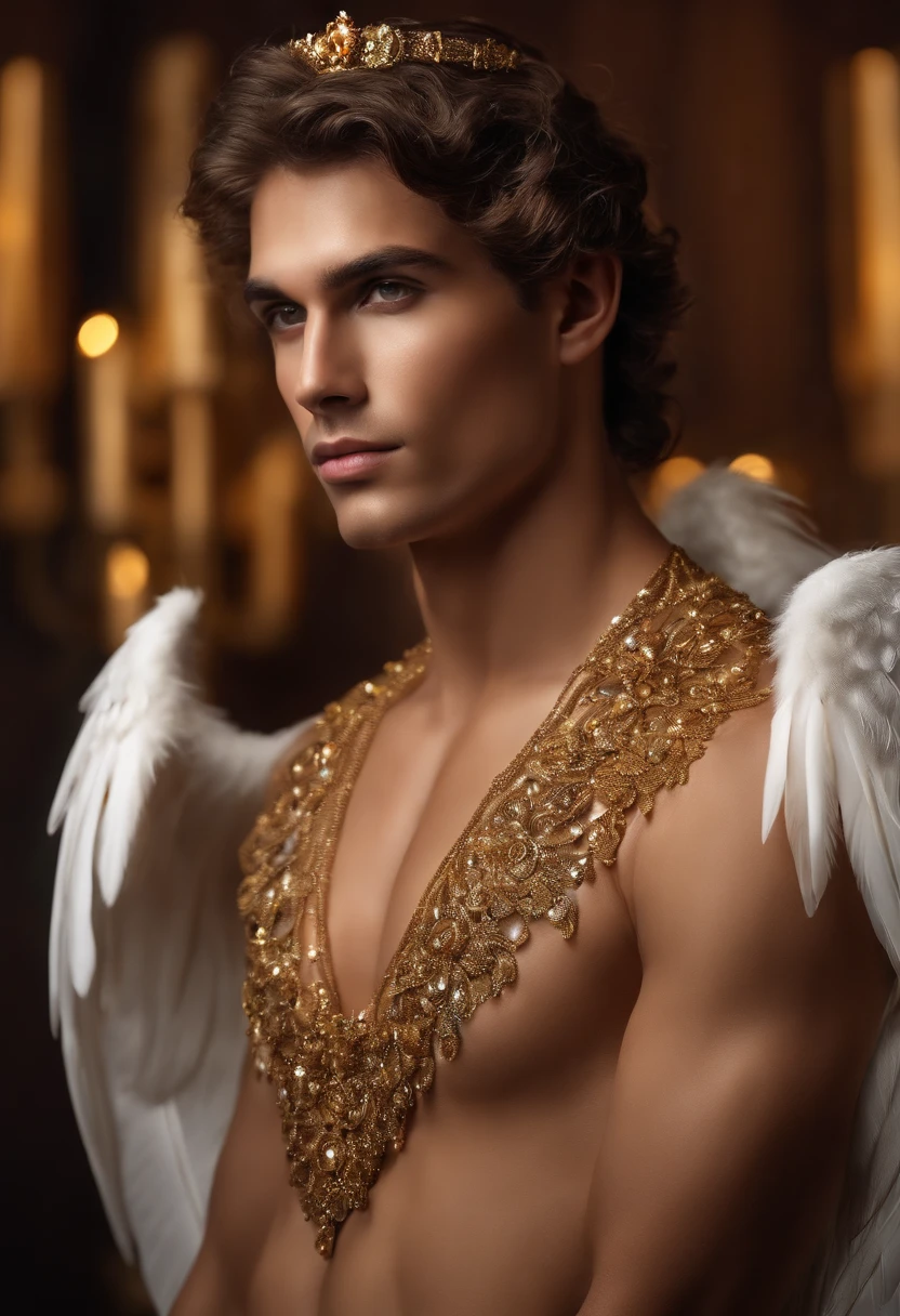 Homem romano realista beleza masculina nariz fino labios carnudos queixo qyadrado diamante. With angel wings on golden heads